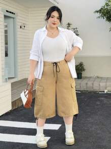 SHEIN EZwear Plus Size Women's Summer Elastic Waist Drawstring Flip Flap Pocket Cargo Denim Jeans