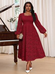 SHEIN Lady 大码优雅派对纯色纹理喇叭袖鱼尾连衣裙新年假期服装优雅派对粉色情人节正式女士连衣裙蕾丝连衣裙粉色女士连衣裙夏季女士连衣裙 - 酒紅色 - 查看 4