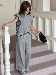 Hapijoa 女童条纹荷叶边背心和直筒裤套装 - 藍色 - 查看 3