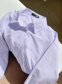 Comfortcana Lavender Woven Women's Striped Print Button Front Short Sleeve Top & Shorts Casual Matching Set - Mauve Purple - View 5