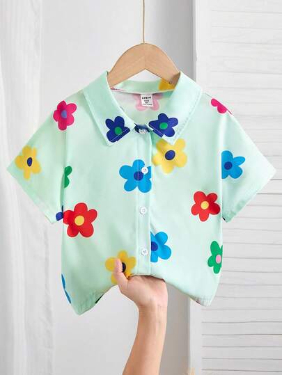 SHEIN 女童花卉印花短袖衬衫，时尚宽松上衣，夏季