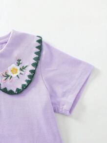 SHEIN 2pcs Baby Girls' Cute Floral Embroidered Collar Blouse And Shorts Set, Spring & Summer - Purple - View 4