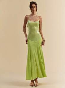 SHEIN BAE 夏季海滨度假女士露背绿色亮片网眼优雅鱼尾长裙 - 綠色 - 查看 4