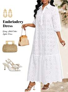 SHEIN Lady Women's Long Solid Color Eyelet Embriodery Dress, Fashionable For Summer White Dresses For Women,Dresses For Women Summer - White - View 1