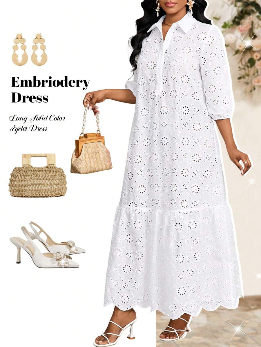SHEIN Lady Women's Long Solid Color Eyelet Embriodery Dress, Fashionable For Summer White Dresses For Women,Dresses For Women Summer - White - View 1