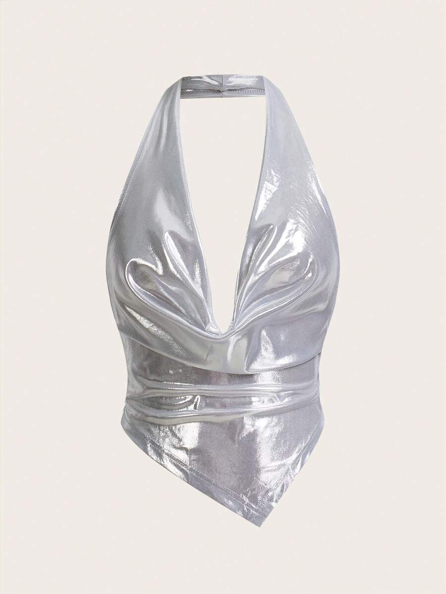 SHEIN ICON 女士性感金属质感垂坠领露背吊带上衣，夏季波西米亚风度假风优雅 - 銀色 - 查看 1