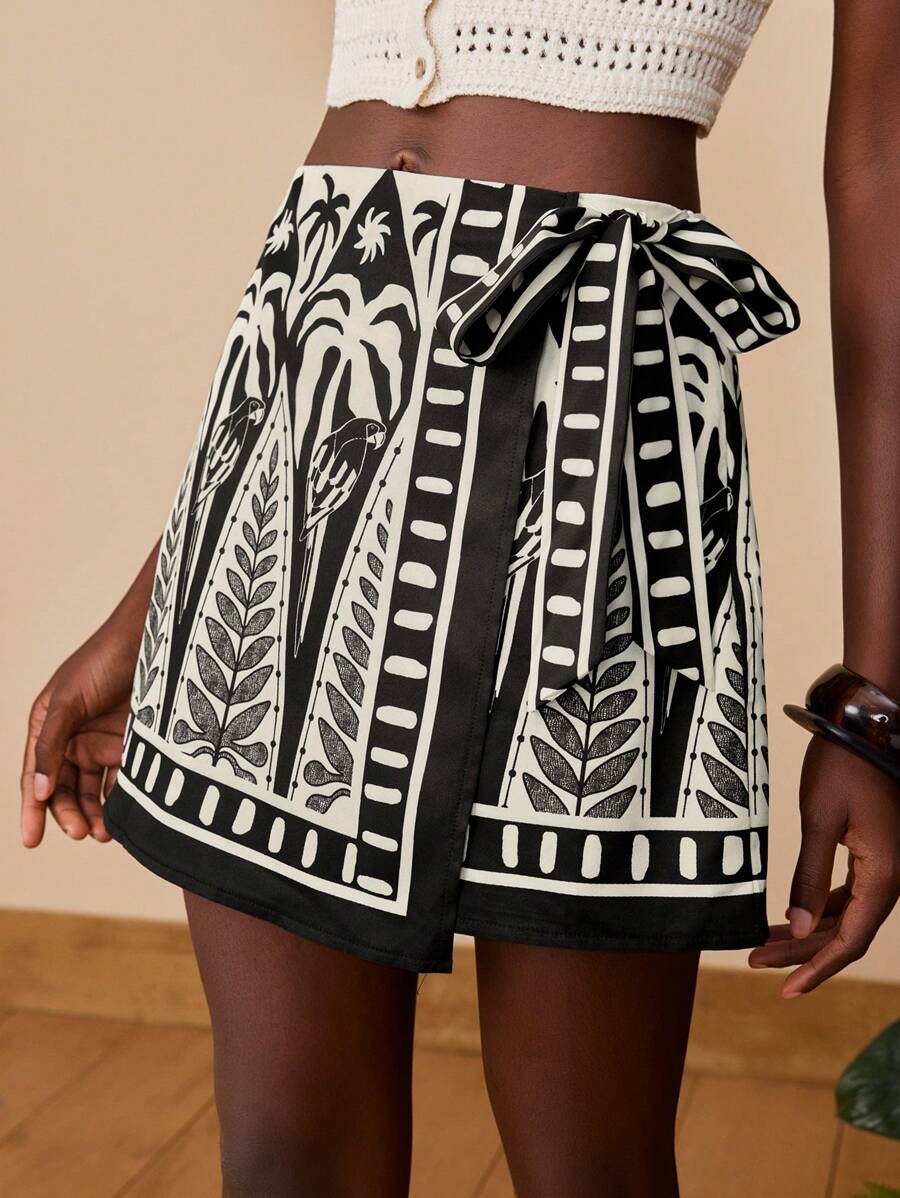 Travachic Jupe portefeuille décontractée à imprimé végétal pour femmes, style vacances, décontracté été, vacances bohème à la plage, style boho chic, festivals de vacances, plage, été, remise des diplômes, anniversaire, essentiels de plage, aéroport, été européen, campagne, automne, Nouvel An, invité de mariage, remise des diplômes élégante, décontracté - Multicolore - Voir 1