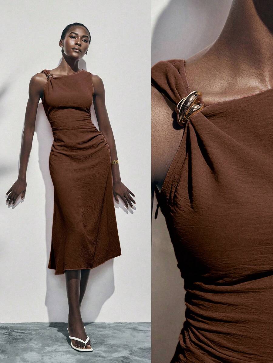Lumivelle Summer Metal Ring Decor Waist Ruched Sleeveless Dress - Coffee Brown - View 1