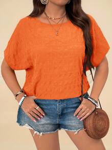 Travachic Plus Size Vacation Batwing Sleeve Textural Round Neck Shirt - Orange - View 1