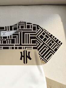 SHEIN Playful Pals 男童格子拼接圆领短袖T恤和短裤棕色休闲装，夏季套装男童两件套男童套装 - 彩色 - 查看 5