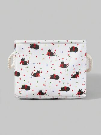 Kawaii 1 pièce Panier à linge de grande capacité avec décoration de nœud en forme de chat et de fraise à pois et de bordure en dentelle, panier de rangement portable 1440731