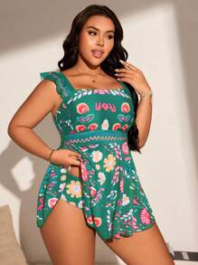 Swim Lushoire Plus Size Elegant Resort Style Printed Tankini Swimwear For Summer Beach Vacation - Green - View 6