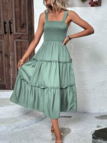 SHEIN Clasi Đầm Maxi Cami Có Viền Xếp Ly Có Viền Xếp Ly Cho Nữ - màu xanh lá - Xem 5