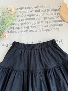 Young Girl Woven Solid Color Gathered Waist Casual Culotte Pants - Black - View 3
