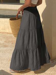 Livesso Women's Summer Ruffled Wide Hem Skirt Vacation - Dark Grey - View 2