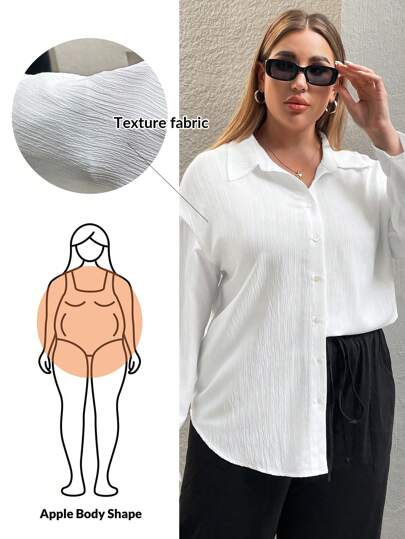 SHEIN Essnce Top de manga larga blanco holgado tipo camisa para salir, protección solar, para mujer talla grande, estilo casual de vacaciones