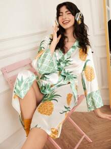Chillnights Pineapple Fruit Design Satin Women's Bathrobe - Multicolor - View 3