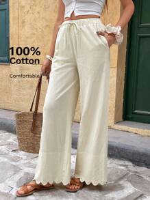 SHEIN Frenchy Quần vải lanh rộng rãi màu trơn đơn giản cho nữ - Màu be - Xem 5