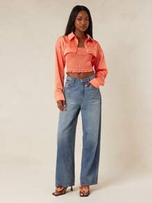 SHEIN Unity 春季筒形裤中长洗水泡泡牛仔裤夏季节日超大宽松休闲日常街头潮流长裤女式牛仔裤 - 深色水洗藍 - 查看 3