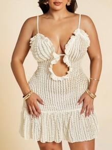 SHEIN BAE Vestido mini com recorte de renda floral vazada para mulheres plus size, para primavera/verão, 4 de julho, roupa de praia, roupa de aeroporto, roupa de festival, formatura, roupas de verão para mulheres, blusas para sair, roupas de rave, roupas de festa sexy para mulheres, roupas de aniversário, roupa country para mulheres, vestido de convidada de casamento, roupas de verão para mulheres, roupas de férias, vestido de formatura, roupas de férias à noite, amarelo manteiga