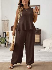 SHEIN PETITE CURVE Set da due pezzi composto da un gilet e pantaloni lunghi di colore tinta unita, casual, adatto alle vacanze, per taglie forti