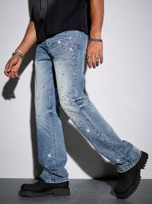 ROMWE MEN Street Life Men's Street Life Stacked Diamond Embellished Flared Jeans