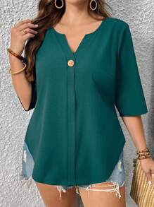 EMERY ROSE Blusa holgada de unicolor y cuello con muescas para uso diario en tallas grandes para mujeres