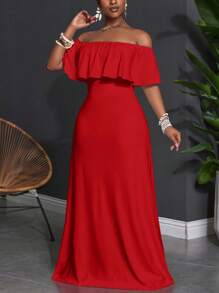 Slaydiva 2025 年新款百搭简约休闲设计露肩荷叶边修身连衣裙，大码女装/秋季女装/大码夏装/七月四日/七月四日女装/Y2K/女装街头服饰/乡村/海滩/俱乐部/教师/亚麻/街头服饰/欧洲夏季/女士夏季服装/女士时尚服装/，长裙红色长裙露肩长裙红色长裙红色露肩连衣裙女式红色长裙 - 紅色 - 查看 4