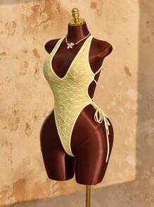 Amplova Deep V-Neck Criss-Cross Backless Bowknot Tied Textured Fabric Bodysuit