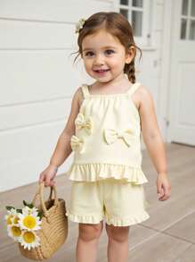 2 Packs Of Baby Girls Cute And Fashionable Bow Ruffled Sleeveless Tops And Pants, Suitable For Summer And Outdoor Outings - Multicolor - View 8