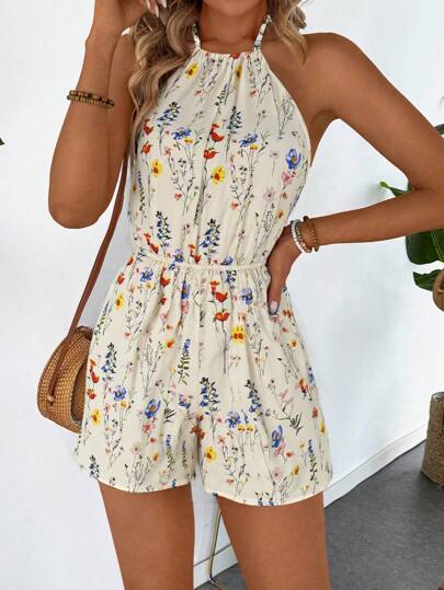 BreezayaMacacãoCurtoFloralFemininocomDecoteemHaltereCinturaElástica,EstiloFériasdeVerão