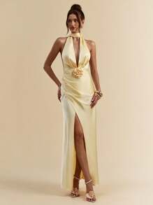 SHEIN BAE 纯色性感深V领露背高开衩缎面长裙，黄色连衣裙，适合度假、早午餐、生日、婚礼宾客服装、伴娘礼服，春夏季