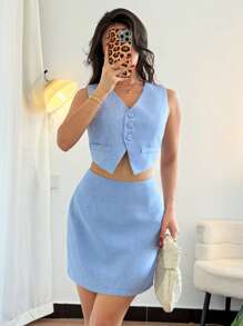 Chiquease 2Pcs Women's Set: Sleeveless Top With Button Detail + A-Line Skirt - Blue - View 3
