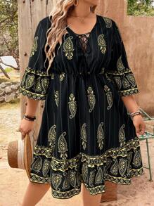 Breezaya Robe courte oversize à col en V, imprimé cachemire et fleurs Hera, avec lien et franges