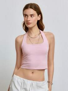 INAWLY Women's Summer Casual Solid Color Halter Neck Backless Crop Top