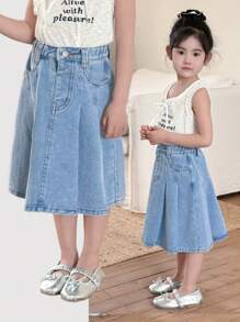SHEIN 少女蓝色褶皱喇叭牛仔裙，春夏休闲度假