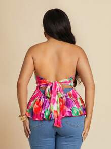 SHEIN BAE Plus Size Women Floral Print Summer Beach Resort Holiday Backless Bowknot Strap Top, Fourth Of July Women,4th Of July,4th Of July Curve, Vacation,Vacay,Club Women Sexy,Birthday,Airport,Graduation