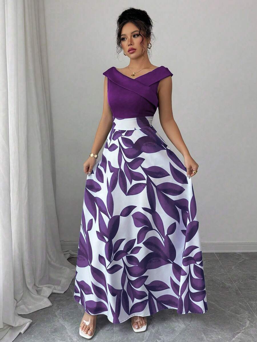 Elenzga 女士蓝色拼色印花连衣裙，斜襟领口，收腰设计，休闲度假风格 - 紫色 - 查看 1