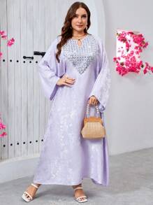 SHEIN Najma Elegant Luxurious Jacquard Fabric Contrast Pearl Embroidered Collar Loose Romantic Ladies Dress - Mauve Purple - View 5