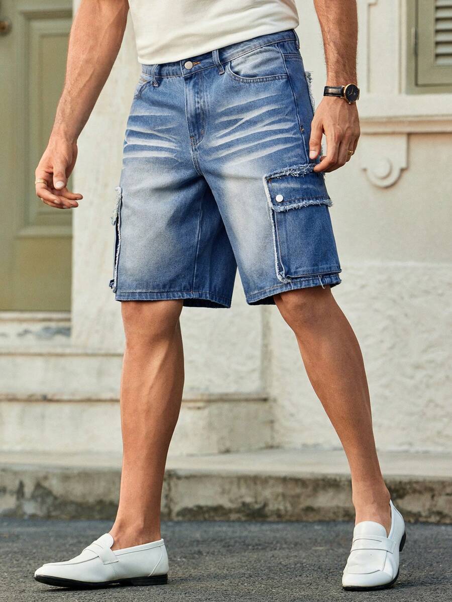 Manfinity VCAY Shorts Denim Desgastado com Vários Bolsos Masculino, Moda - Azul - Visão 1