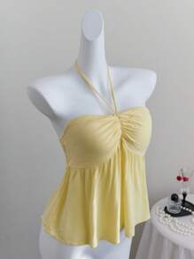 Elamini Women's Summer Casual Solid Color Ruched Criss-Cross Backless Halter Top