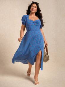 Elaquor Plus Ditsy Floral Print Ruched Bust Split Thigh Dress