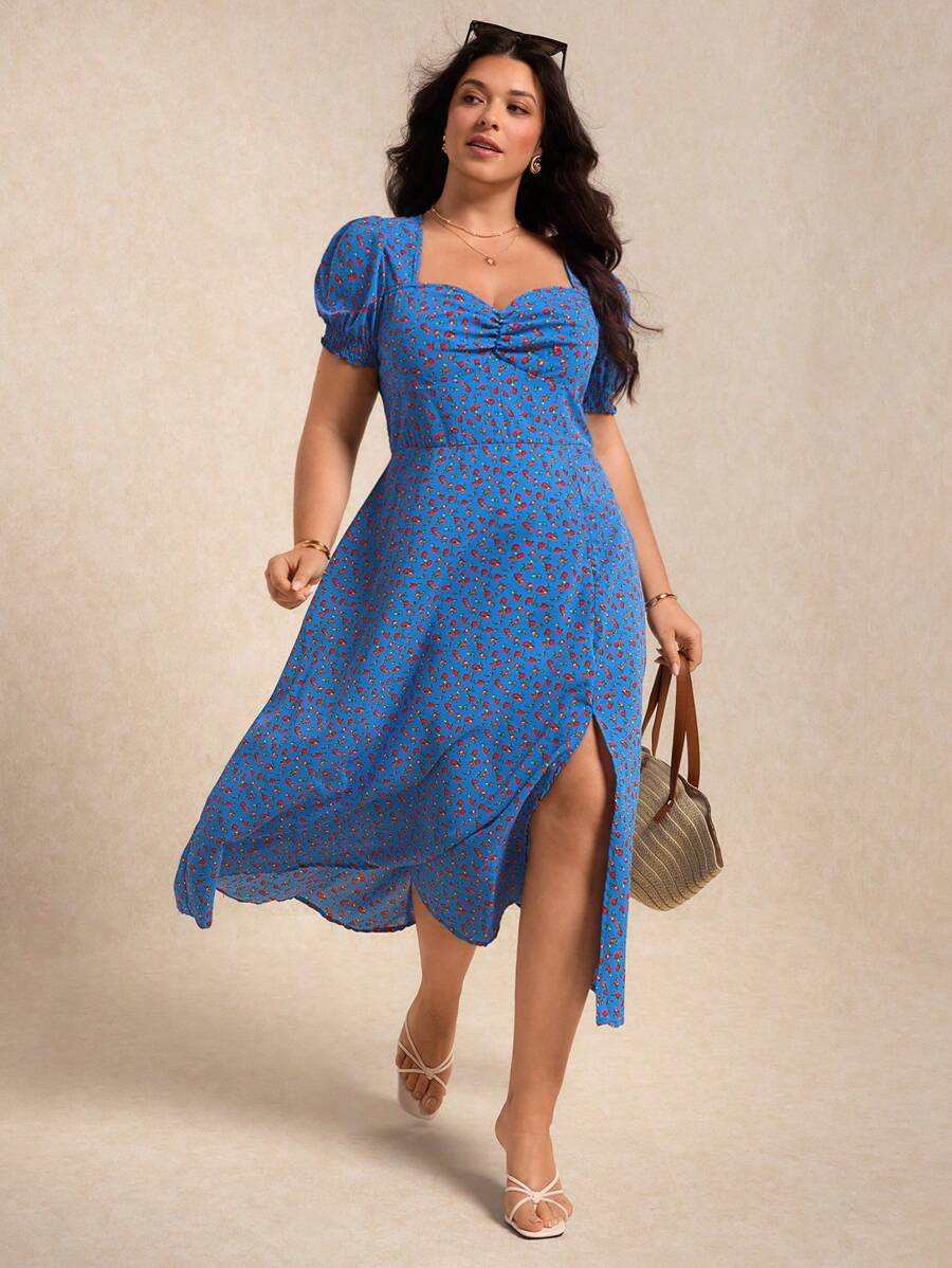 Elaquor Plus Ditsy Floral Print Ruched Bust Split Thigh Dress