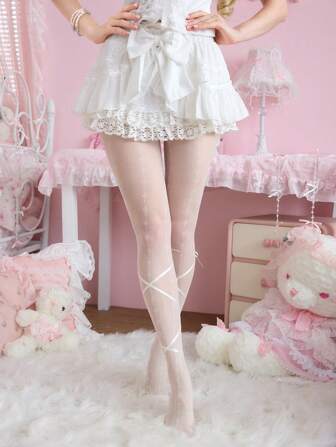 Kawaii 1 par de medias transparentes de estilo bailarina de encaje jacquard para mujer, pantimedias blancas estilo Lolita dulce con lazo (se necesita DIY para el lazo)