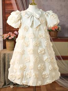 SHEIN Glamorique Kids 女童立领花朵蝴蝶结泡泡袖A字连衣裙 - 杏色 - 查看 7