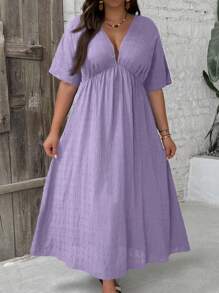 SHEIN VCAY Robe décontractée à manches courtes en chauve-souris à encolure en V unie pour femmes de grande taille - Parme - Voir 1