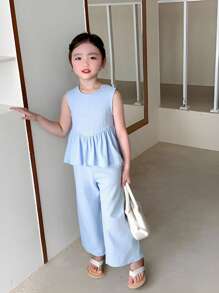 SHEIN 2pcs Girls Casual Loose Round Neck Sleeveless Solid Color Top And Wide Leg Elastic Waist Long Solid Color Pants Set, Summer - Blue - View 4