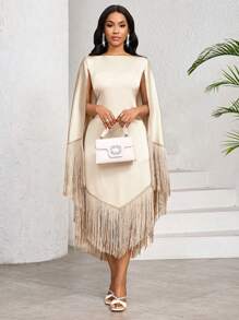 SHEIN Lady Váy dài vừa phải tua rua dệt màu trơn cho ngày lễ của phụ nữ bằng vải satin Váy sinh nhật & sự kiện / Váy công sở / Váy nhà thờ / Váy cưới / Váy ngày lễ, Váy cho phụ nữ mùa hè, Váy tua rua - Màu be - Xem 6