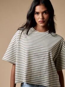 MISSGUIDED 休闲宽松条纹 T 恤罗纹短款上衣周末夏季春季日常衣橱必备 - 彩色 - 查看 4