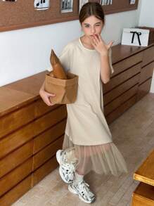 Hapijoa 青少年女孩圆领针织短袖网眼拼布连衣裙，夏季，返校服装 - 卡其色 - 查看 3